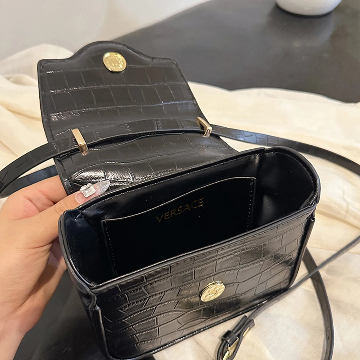 Mini Croc-Texture Crossbody Bag Gilded Medusa Logo